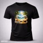 Camiseta Preta Praia Ensolarada