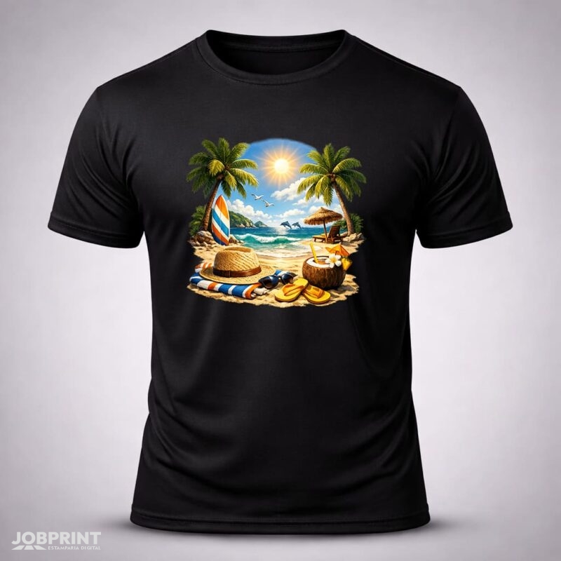 Camiseta Preta Praia Ensolarada